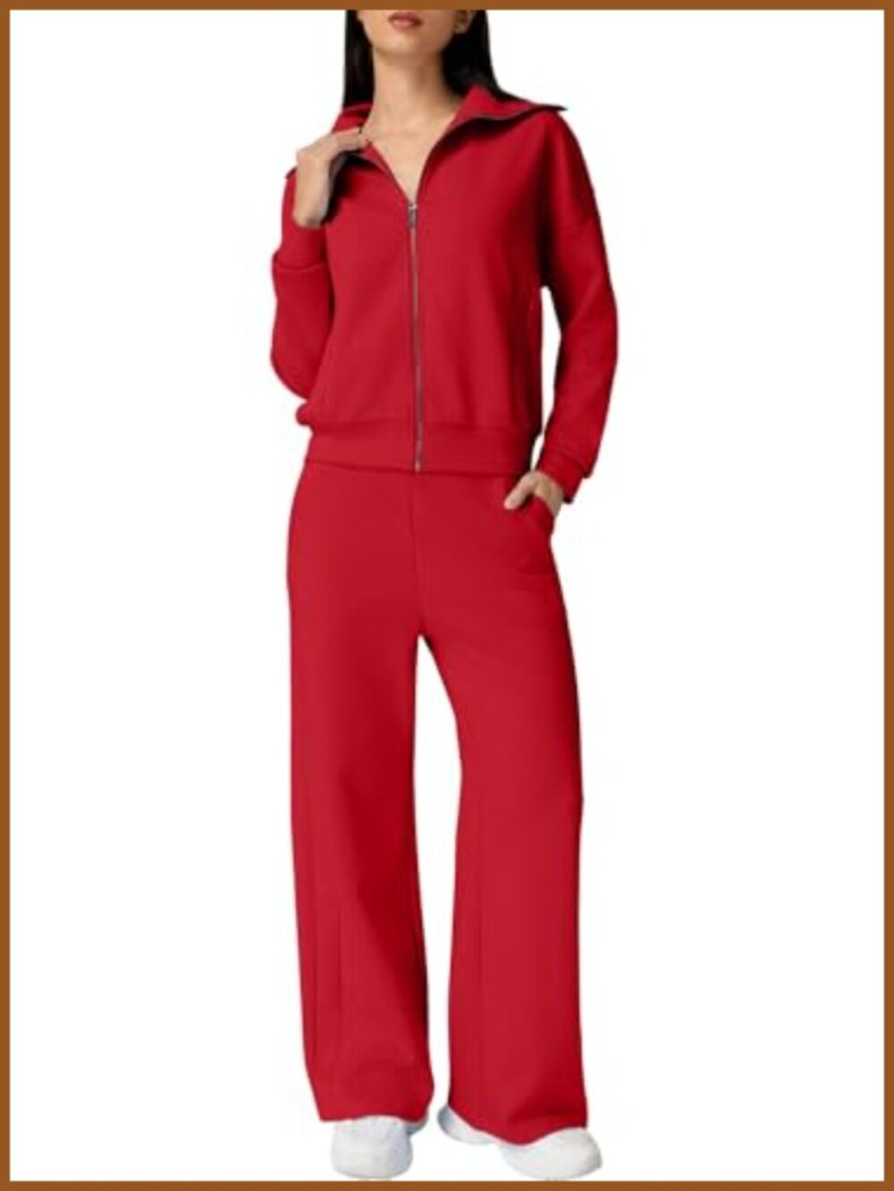 QINSEN Cotton Blend 2 Piece Tracksuit Zip Up Sweatshirt Wide Leg Pants Set